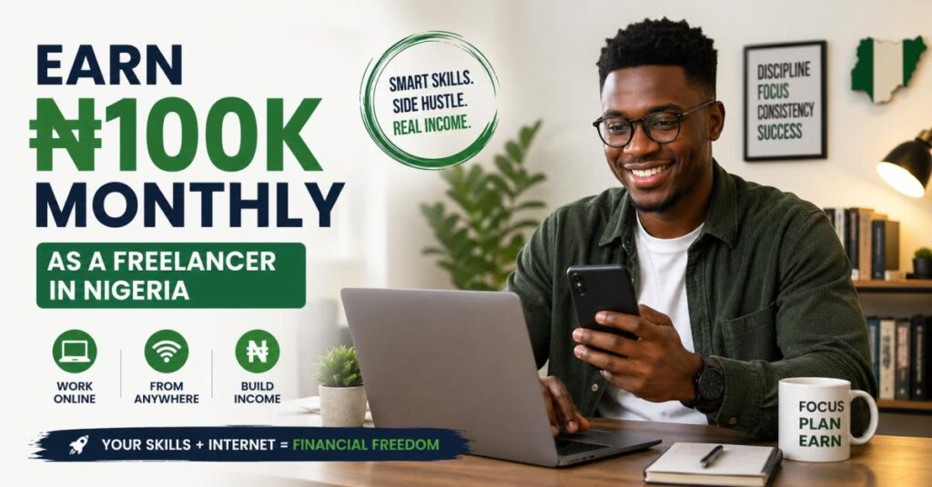 Nigerian freelancer using a laptop and smartphone to make ₦100k monthly online in Nigeria