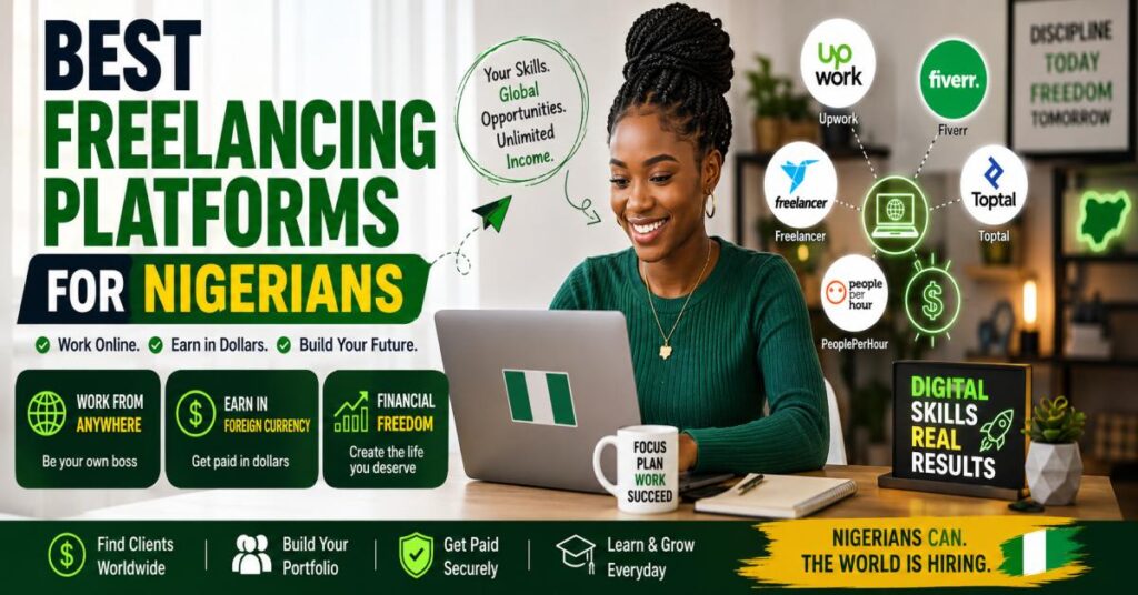 Freelancer in Nigeria working on laptop with icons representing freelancing platforms and online income opportunities in 2026
