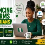Freelancer in Nigeria working on laptop with icons representing freelancing platforms and online income opportunities in 2026