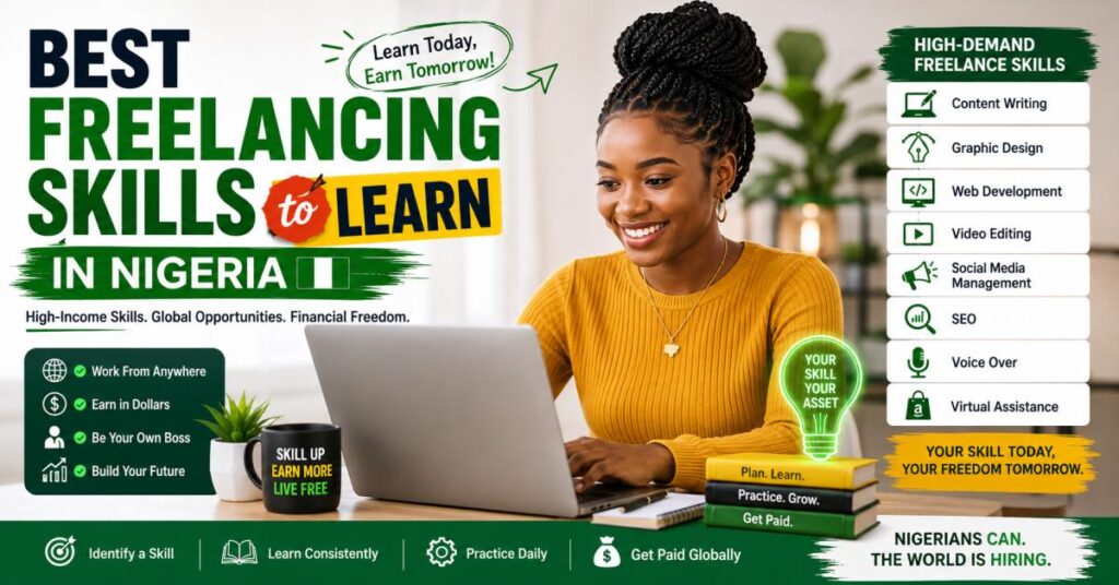 Nigerian freelancer learning high-income digital skills on laptop for online earning opportunities in 2026