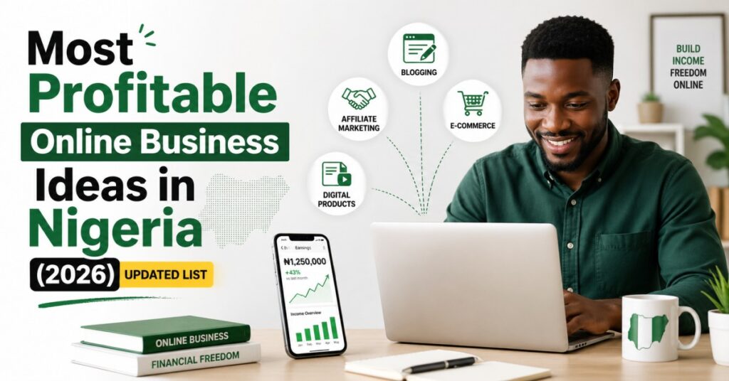 Most Profitable Online Business Ideas in Nigeria 2026 showing a Nigerian entrepreneur working online with icons for blogging, affiliate marketing, e-commerce, and digital income growth