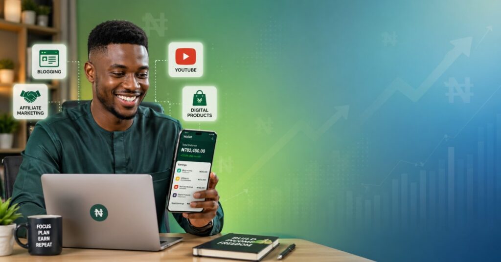 Young Nigerian entrepreneur using laptop and smartphone with online earnings dashboard for passive income ideas in 2026.